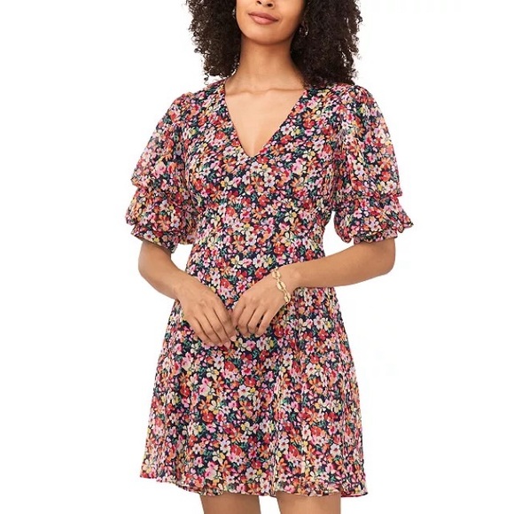 MSK Floral Print V-Neck Open Back Chiffon Puff Sleeve Dress Colorful 70s Plus XL - Picture 1 of 13